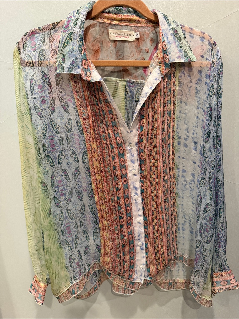 Johnny Was Sheer Multi-Print Pastel Button Front Blouse